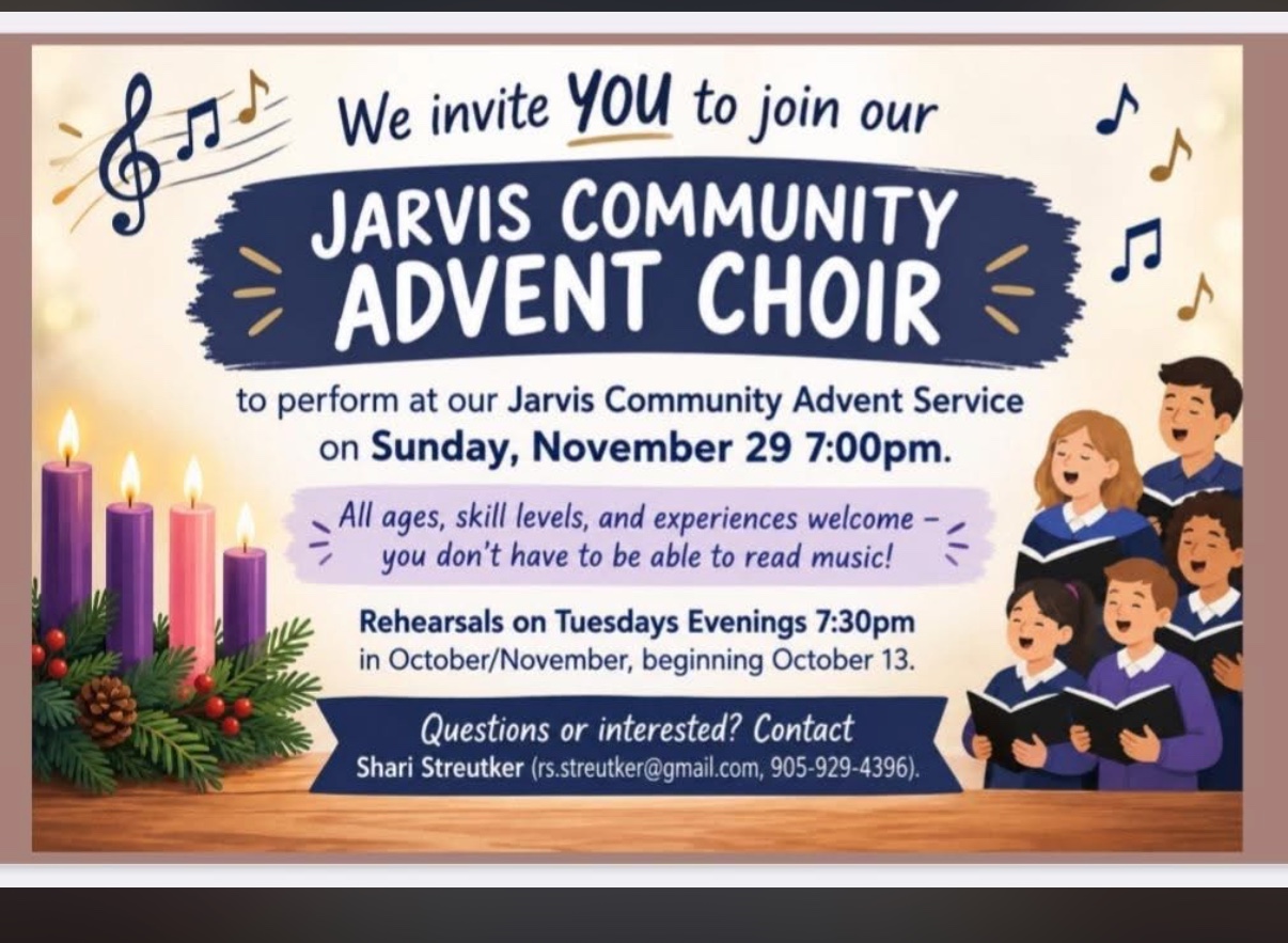 Jarvis Community Advent Choir invitation poster with rehearsal and contact information